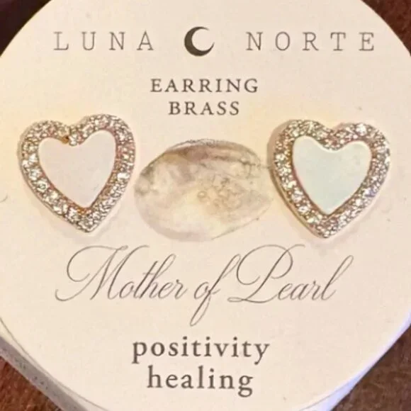 NWT Luna Norte Mother of Pearl Heart Studs with Banded Calcite Box Case & Pouch - Picture 4 of 11